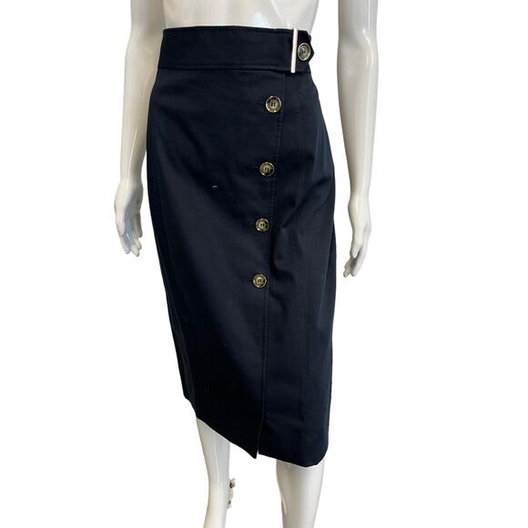 KAREN MILLEN Blue Cotton Belt Accent Front Button Knee Length Pencil Skirt 8 - Picture 1 of 4